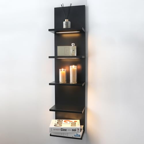 5 Tier Wall Shelf Unit, Black Shelves,Lack Shelf, Wall Shelves for Bedroom，Office,Bathroom, Vanity Shelves with LED Remote Control Light - color: Black