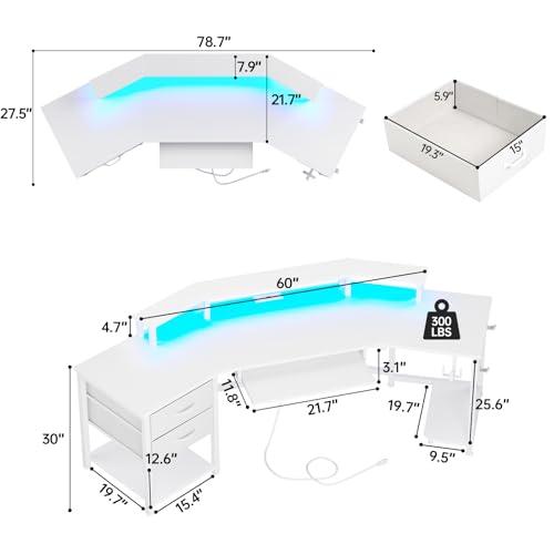 SEDETA 79" Gaming Desk, Computer Desk with 2 Fabric Drawers & LED Light, White Small Desk with Storage for Home Office, Carbon Fiber White - color: Carbon Fiber White