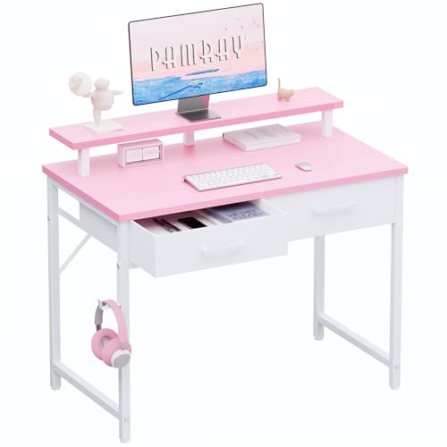 Pamray 32 Inch Small Computer Desk with Monitor Stand Home Office Desks with 2 Drawers for Bedroom Study Writing and Work Table for Small Spaces Pink - color: Pink