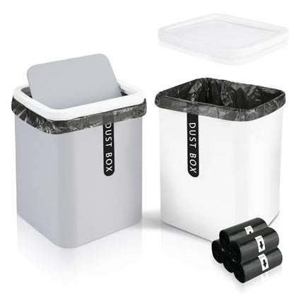2Pcs Mini Trash Can with Lid, Plastic Mini Wastebasket with 5 Roll Trash Bags, Tiny Desktop Waste Garbage Bin for Kitchen Bathroom Office Home Desk Bedroom Vanity Tabletop(White+Grey)
