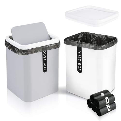 2Pcs Mini Trash Can with Lid, Plastic Mini Wastebasket with 5 Roll Trash Bags, Tiny Desktop Waste Garbage Bin for Kitchen Bathroom Office Home Desk Bedroom Vanity Tabletop(White+Grey)