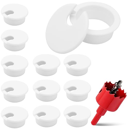 12 Pack 1-1/2 Inch White Desk Grommet, Plastic Cable Hole Cover Computer Table Cord Wire Organizer, Desktop Cord Management for Home Office/TV Stands Tabletops (with Hole Saw) - color: White, size: 1-1/2 Inch with Hole Saw