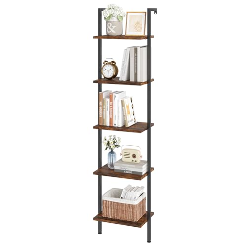 ELYKEN Ladder Shelf, 5-Tier Wood Wall Mounted Bookshelf with Metal Frame, Vintage Open Display Organizer Rack, Leaning Storage Shelves for Living Room, Bedroom, Home Office, Rustic Brown - color: Rustic Brown