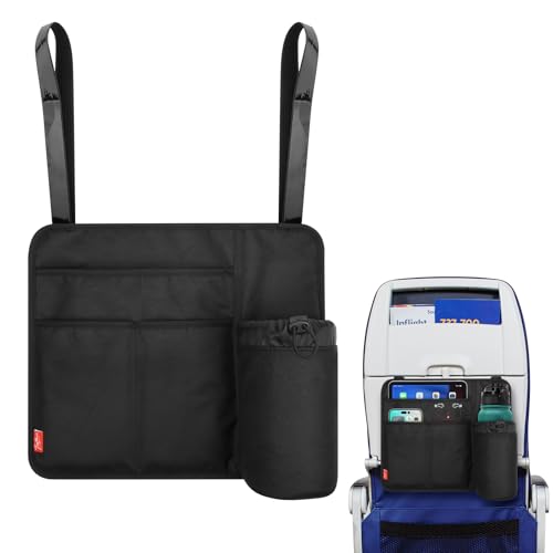 Airplane Seat Back Organizer & Storage, Airplane Tray Table Cover for Personal Items, Airline Seat Hanging Pockets Media Pouch,Reusable Travel Essentials,Fits Tablets,Cell Phone,Water Bottle (Black) - color: Black