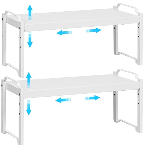 2 Pack Stackable Expandable Shelves For Kitchen Cabinet Countertop Storage, Adjustable Counter Cupboard Pantry Organizer Shelf Rack Stand, Length:25.5 Inch - color: White, size: 2 Pack: 15.5"-25.5"L