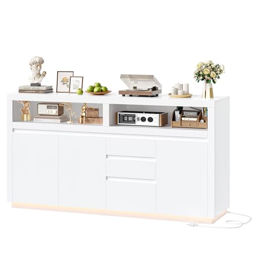FACBOTALL 63" W Modern TV Stand, Large Entertainment Center with Storage Cabinets & Drawers, Media Console Cabinet up to 70 Inch with LED Lights & Power Outlet, TV Consoles for Living Room, White - color: White