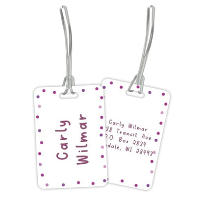 Personalized Pink Polka Dot Luggage Tag / 2.75" x 4" Custom Abstract Bag Tag/Double Sided Durable Plastic Luggage Tag with Plastic Strap/Made in The USA - style: Pink Dots