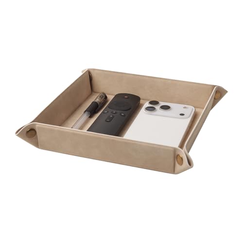 Valet Tray Desktop Storage Organizer – Premium PU Leather Catchall Bedside Vanity Tray Nightstand Caddy Holder for Remote Controller, Keys, Phone, Wallet, Coin, Jewelry,Apricot - color: Apricot