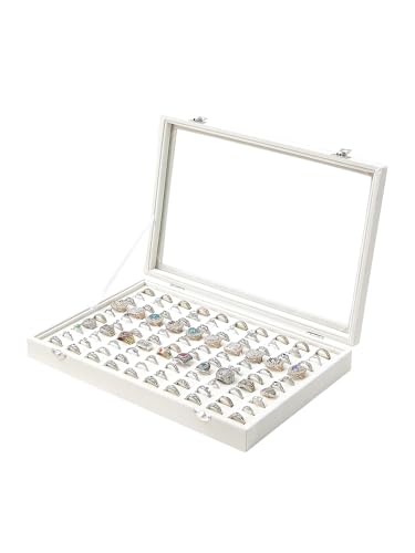 Ring Holder Organizer Box, Jewelry Display Case, Earring Necklace Storage Tray With Top Glass Lid (Beige, 100 Slots) - color: Beige Large Size, size: 100 Slots Ring