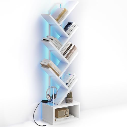 Casaottima Tree Bookshelf with LED Lights, 6-Tier Narrow Bookcase for Small Spaces, Tall Steel & Wood Storage Shelf with Cabinet, Home Decor & Organizer for Living Room/Bedroom/Home Office, White - color: White, size: 6 Tier