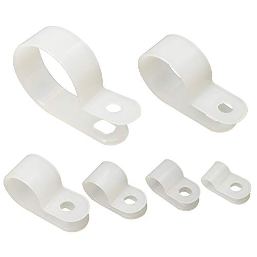 Cable Clamp 200 Pcs Black Nylon Screws Plastic R-Type Cable Clamp Clips Fasteners Assortment for Cable Conduit 6 Sizes 3/16" to 1" - White - size: 6 Sizes_200 Pcs_White