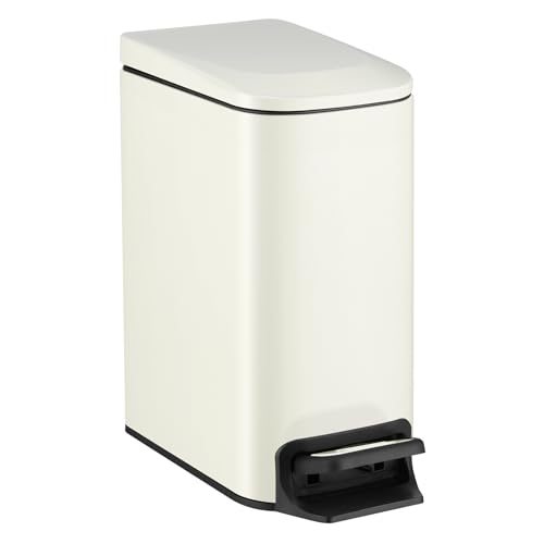 TIPGO Slim Bathroom Trash Can with Lid Soft Close, 6 Liter / 1.6 Gallon Stainless Steel Garbage with Removable Inner Bucket, Small Trash Bins for Bedroom, Office (Cream) - color: Cream