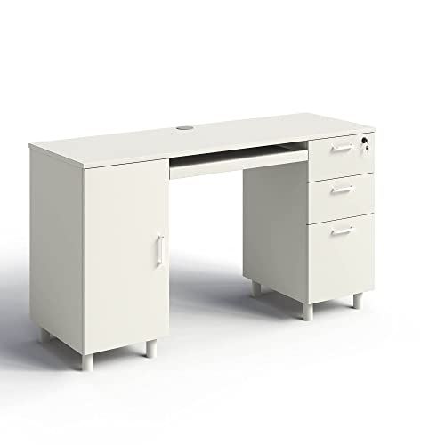 Modern Design Venice Computer Office Desk with 3 Locking Drawers and Storage Cabinet, 53 Inch Home and Office Executive White Desk with Keyboard Tray by Crafts and Comfort - color: White