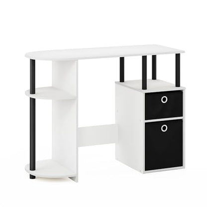 Furinno Jaya Desk, 38.4" Wide Gaming Desk with Bin Drawers, Computer Desk with Side Shelf, Office Desk for Study, Home Office, Bedroom, Dorm, Study Room, White - color: White/Black
