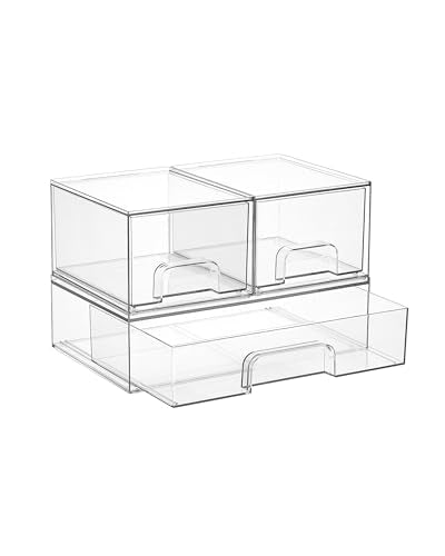 Vtopmart Stackable Storage Drawers Set of 3,Clear Plastic Organizer Bins for Makeup, Cosmetics, Beauty Supplies,Ideal for Vanity, Bathroom,Cabinet,Pantry Organization - style: 2 Small+1 Wide