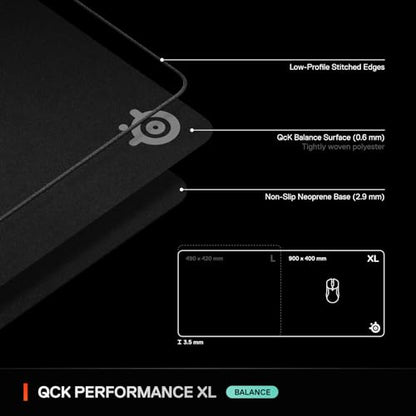 SteelSeries QcK XL Performance Balance Gaming Mousepad — Extra Density for a Smooth Glide — Low-Profile Edge Stitching — Non-Slip Neoprene Rubber Base — 15.75 x 34.43 inch — FPS, MOBAs, RTS, MMO - size: XL, style: Balance
