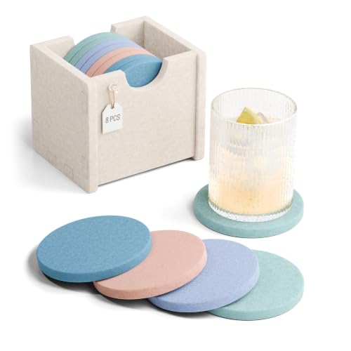 Fluxynara Felt Coasters for Drinks, Set of 8 Absorbent Coasters with Holder, Heat-Resistant & Reusable Round Design for Coffee Table & Living Room, 3.94 Inch,Coastal Haze - color: Coastal Haze, size: Round - 8 Count