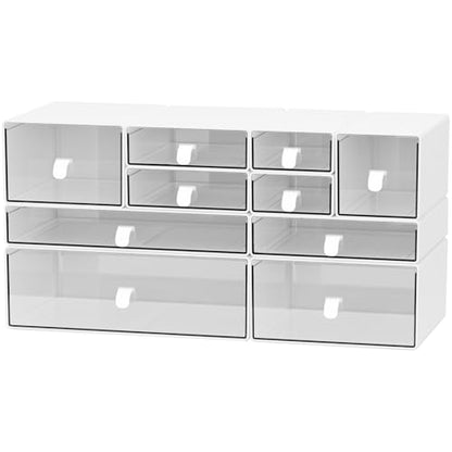 ‌Yashong Desk Organizer Set, White & Clear Stackable Dustproof Storage Boxes for Desktop, Office, DIY Craft & Vertical Space Saving, Perfect for Makeup, Stationery, Jewelry Organization - size: 10 drawer white & clear