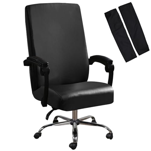 Shukii Waterproof Office Chair Cover with Arms Cover PU Leather Computer Desk Seat Covers Stretchable Chair Slipcover Universal for Rotating Boss Chair Meeting Room - color: Black, size: Large