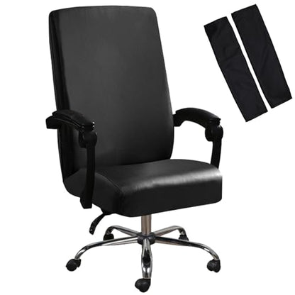 Shukii Waterproof Office Chair Cover with Arms Cover PU Leather Computer Desk Seat Covers Stretchable Chair Slipcover Universal for Rotating Boss Chair Meeting Room - color: Black, size: Large