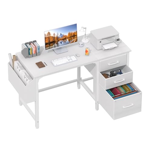Lufeiya White Desk with File Drawers Cabinet, 47 Inch Reversible Computer Desk with Fabric Filing Cabinet for Bedroom Small Space Home Office, Modern Writing Table PC Desks, White - color: White, size: 46.6"