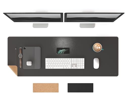 RENMTURE Dual-Sided Mouse Pad, Natural Cork & PU Leather Large Desk Pad for Office and Home Work, Desk Protector Non-Slip, Waterproof, Easy Clean (Black,47"x17") - color: Black, size: 47"x17"