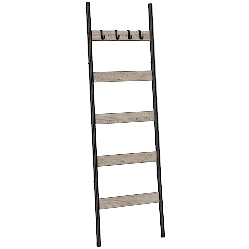 HOOBRO Blanket Ladder, 5-Tier Towel Rack with Hooks, Wall-Leaning Blanket Rack, Decorative Display Ladder Shelf, Scarves, Industrial, Living Room, Bedroom, Greige and Black BG52CJ01 - color: Greige + Black, size: 17.3"L x 63"W
