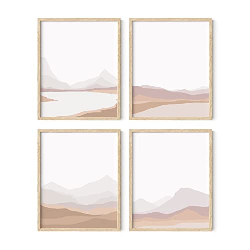HAUS AND HUES Mountain Wall Art - Set of 4 Mid Century Modern Decor, Landscape Art, Nature (Beige Frame, 16x20) - color: Blush Mountain Landscape, size: 16x20, style: Beige Framed