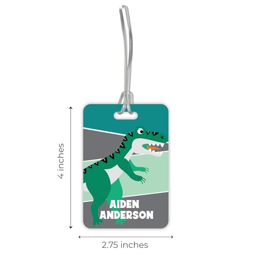 Personalized Dinosaur Luggage Tag / 2.75" x 4" Custom Prehistoric Bag Tag/Double Sided Durable Plastic Child Luggage Tag with Plastic Strap/Made in The USA - style: Dinosaur