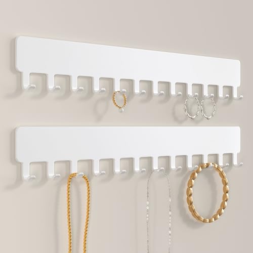 Necklace Holder Hanging Jewelry Organizer - Self-Adhesive Wall Mounted for Necklaces, Bracelets, 2 PCS, White - color: White