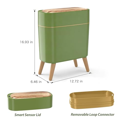 suyika Automatic Trash Can, 2.6 Gallon/10L Bathroom Trash Can with Lid - Wood Grain Lid and Legs, Touchless Waterproof Garbage Bin for Bedroom, Bathroom, Office, Living Room - color: Green