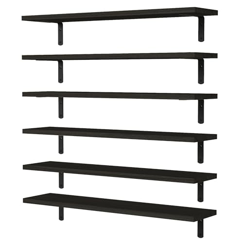 WOPITUES Wood Floating Shelves Set of 6, 24 inch Long Floating Shelves for Wall Decor, Farmhouse Shelf for Bedroom, Bathroom Storage Shelves, Book Shelves for Living Room - Black - color: Black, size: 24 Inch