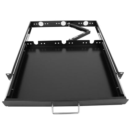GlobalRack 1U Keyboard Drawer, 17.75" Depth, Extends to 27", Soft-Close | 1U keyboard drawer | 1U rack drawer | Soft-close damping | Foldable handle | Built-in cable management | Heavy-gauge stee