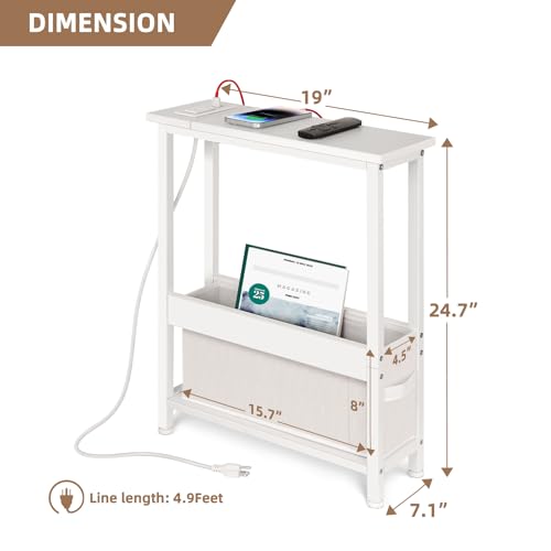 BAMGROW Slim Charging End Table with Storage - for Small Spaces and Bedroom (White) - color: White