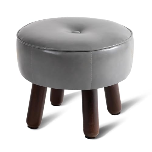 oakvivo Ottoman, Small Foot Stool, Round Leather Pouf Ottoman, 13''L x 13''W x 10.2''H Foot Rest with Non-Skid Rubber Legs for Living Room Bedroom Couch Entryway, Grey - color: Grey