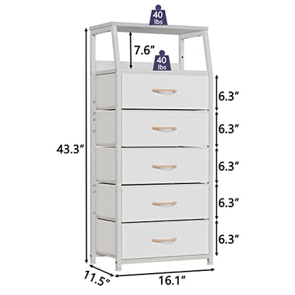 Furnulem White Dresser with 5 Drawers, Vertical Storage Tower Fabric Dresser for Bedroom, Hallway, Entryway, Nursery, Closet Organizer, Nightstand Bedside Table Furniture, Sturdy Steel Frame, Wood Top - color: White, style: 5 Drawers