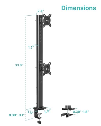 Pegzone Vertical Dual Monitor Mount for 17–34 Inch Screens, Stacked Monitor Stand, Holds up to 33 lbs per Arm, 33.1" Extra Tall Pole, Full Motion Height Adjustable Mount, 75/100 VESA, Clamp & Grommet
