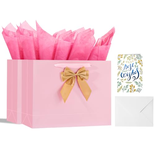Powbrace Pink Bags with Handles, 13" Medium Gift Bag Set - 2 Gift Bag with Bow, 4 Tissues & Greeting Card for Wedding Baby Shower Fathers Day Mothers Day Birthday Party - color: 2Pcs Bright Pink Glossy – General Purpose, size: 1 count (Pack of 1)