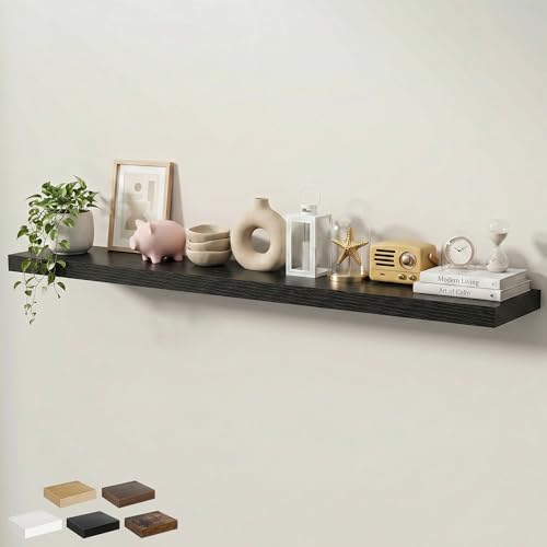 Floating Shelves for Wall 72 in x 9.3 in Deep, Wall Mounted Rustic Wood Shelf with Invisible Brackets for Storage & Display, Living Room Bedroom Bathroom, Black, 1 Pack - color: Black, size: 72 Inch, 1 pack
