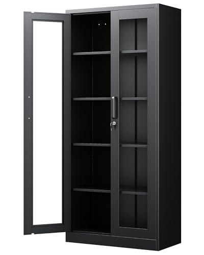 PEUKC Display Cabinet with Glass Doors, 71 Inches Metal Display Case with 4 Adjustable Shelves, Curio Storage Cabinet with Lock for Home, Office, Book, Pantry, Assemble Required (Black) - color: Black, size: 71 Inches - 2 Doors