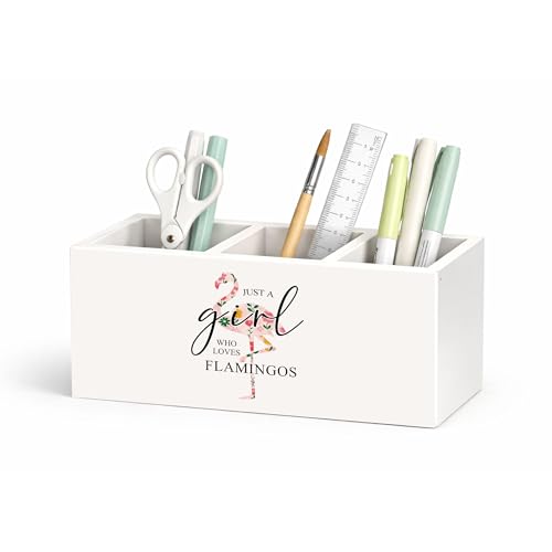 Flamingo Wooden Desk Organizer Pen Holder | Cute flamingo desk decor with 3 compartments; wooden pen holder for office, home desk storage, or tropical bird lovers. - color: Flamingo Girl