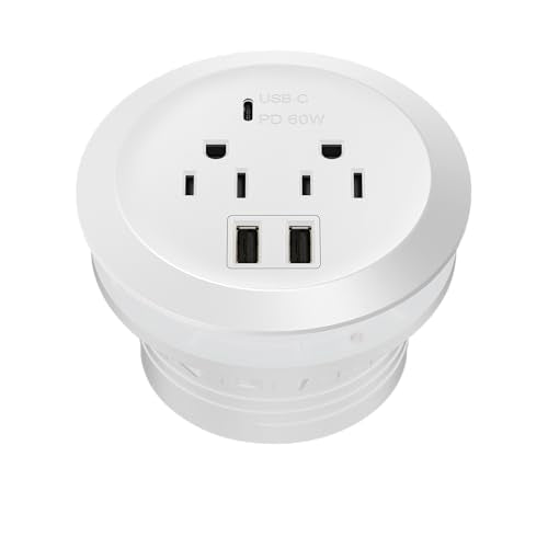 TOPGREENER Desktop Power Grommet With 65W PD Fast Charging USB C, GaN Desk for MacBook, 2 USB-A Ports and Duplex Receptacles, 3" Diameter, TTRP48APD60-W, White - color: White