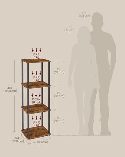 VASAGLE Superfast Toolless Assembly, 4-Tier Shelf for Living Room, Standing Shelf, Bookshelf, Bedroom, Kitchen, 9.4 x 15 x 41.3 Inches, Rustic Brown and Ink Black ULLS152K01 - color: Rustic Brown + Ink Black, size: 4 Tiers (15"W)