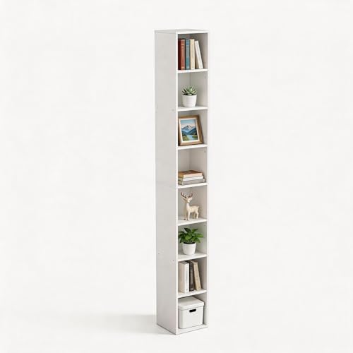8-Cube Storage Organizer Bookcase, White, Tall Narrow Bookshelf for Home Office (White) - color: White, size: 8-Cube