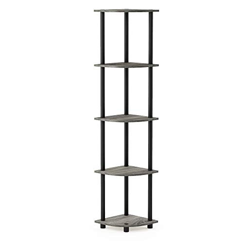 Furinno TURN-N-TUBE Corner Shelf, 5-Tier Corner Bookshelf, Open Storage Shelves, for Organization and Storage, Living Room, Home Office, Garage, Bedroom, French Oak - color: French Oak Grey/Black, size: 5-Tier Round Tube