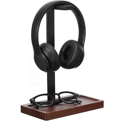 Wood Headphone Stand, Walnut Headset Stand for Desk, Universal Headphone Holder with Storage Base for Gaming, Music Headsets(Dark Brown) - color: Dark Brown