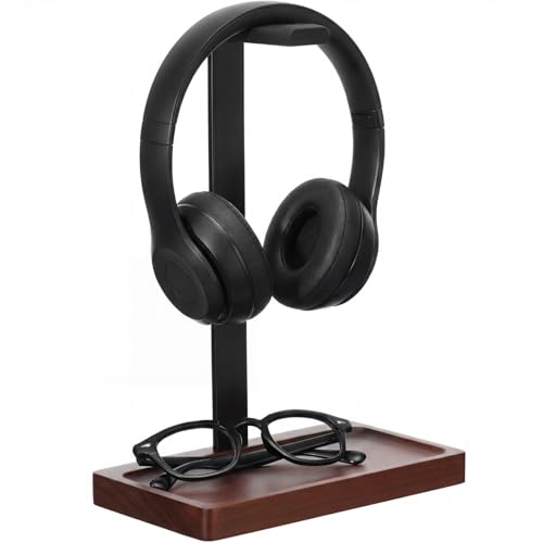 Wood Headphone Stand, Walnut Headset Stand for Desk, Universal Headphone Holder with Storage Base for Gaming, Music Headsets(Dark Brown) - color: Dark Brown