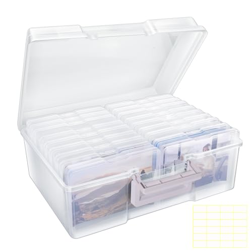 Photo Storage Box 5" x 7", Extra Large Photo Storage Container | 18 Inner Cases, Clear Picture Box with Handle, Seeds Organizer for Pictures, Arts, Crafts, Sewing, Stickers, Office Supplies