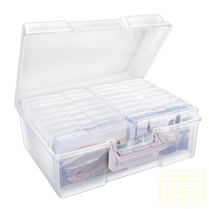 Photo Storage Box 5" x 7", Extra Large Photo Storage Container | 18 Inner Cases, Clear Picture Box with Handle, Seeds Organizer for Pictures, Arts, Crafts, Sewing, Stickers, Office Supplies