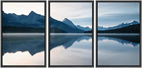 NWT Framed Canvas Print Wall Art Set Morning Mountain Range & Lake Landscape Nature Wilderness Photography Modern Art Realism Decorative Rustic for Living Room, Bedroom, Office - 16"x24"x3 Black - color: A02-2210-yuk28, size: 16" x 24" x 3 Panels BLACK